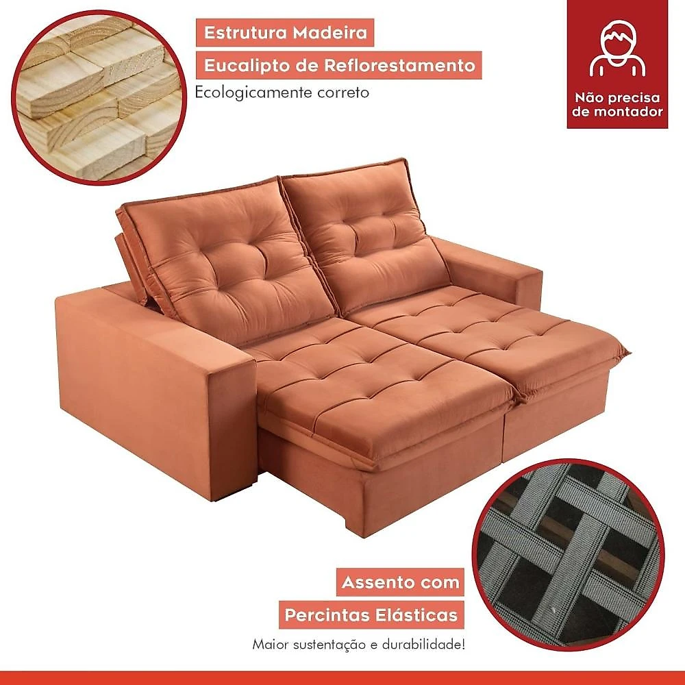 Sofá Retrátil e Reclinável 2 Lugares 230cm Pés em Madeira Maciça Santorini Sofá Retrátil e Reclinável 2 Lugares 230cm M166 Veludo/Terracota