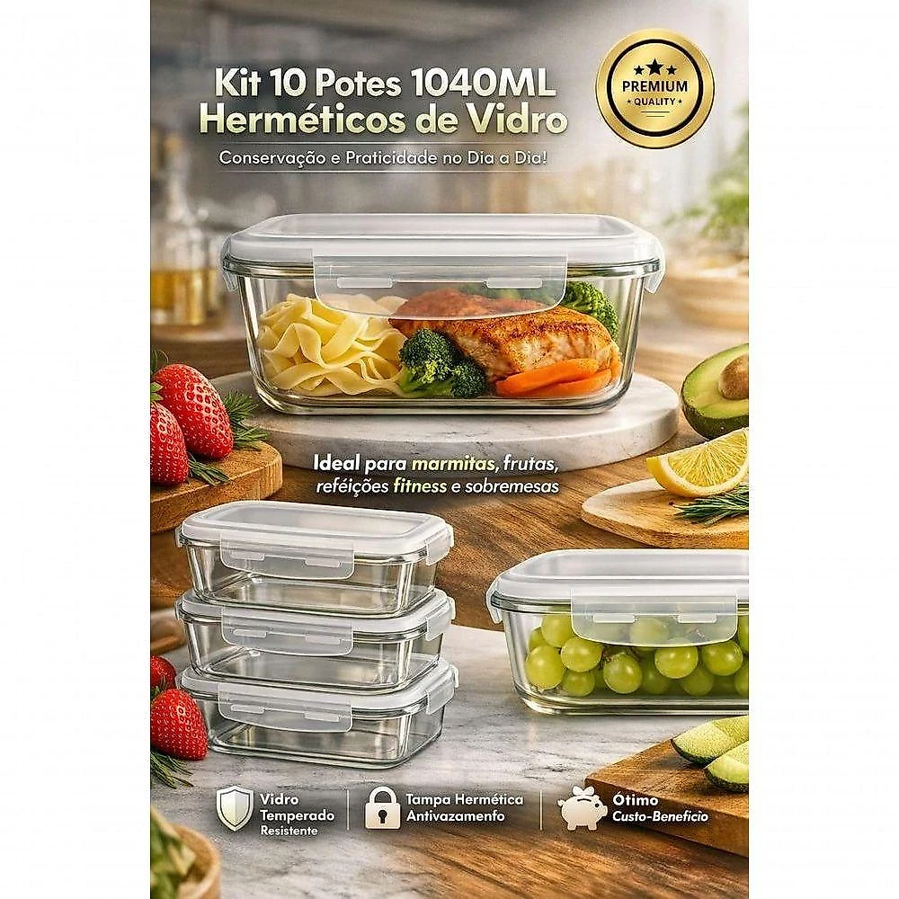 Kit 10 Potes de Vidro Herméticos 1040ML para Cozinha Tampa Plástica Bpa Free Transparente