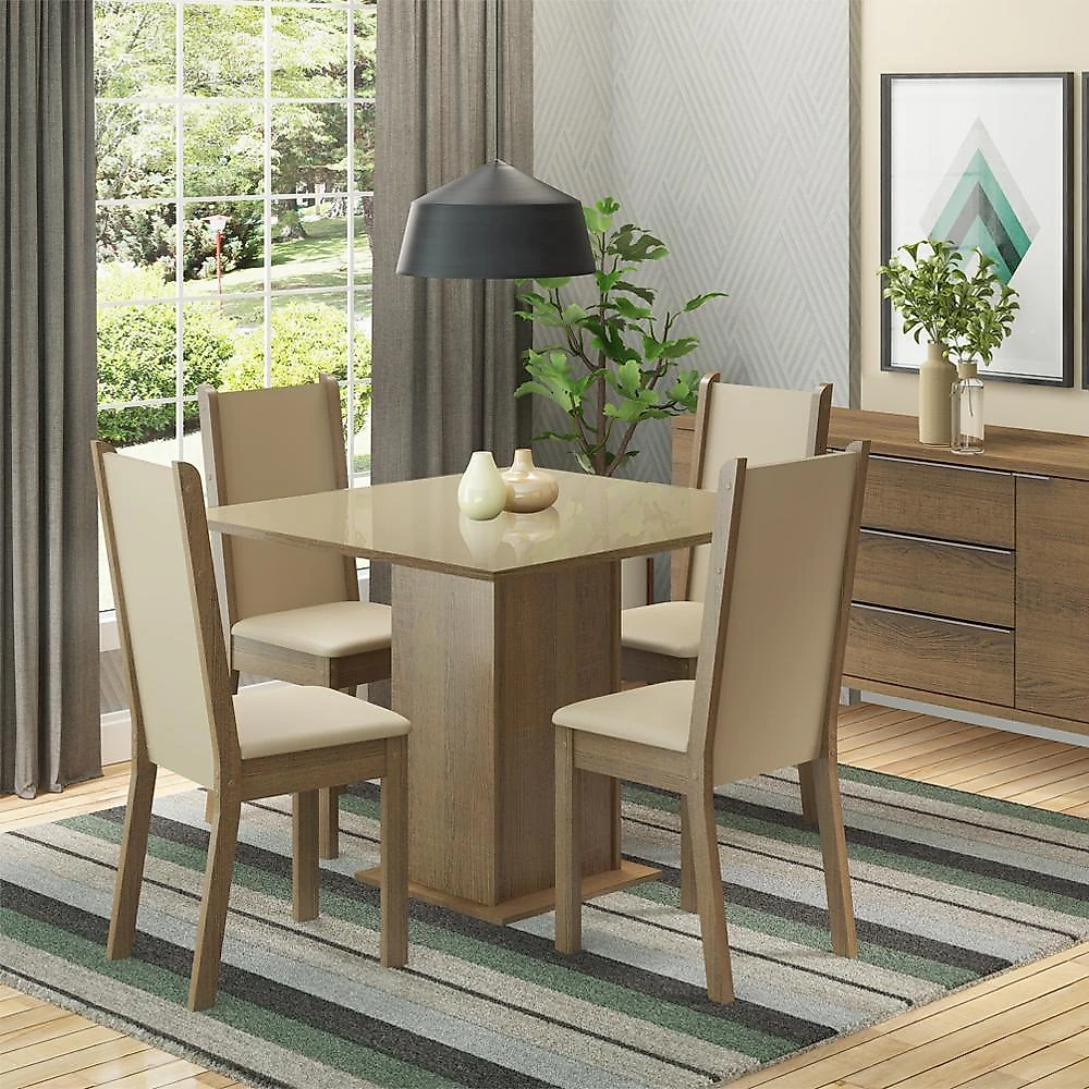 Conjunto sala de jantar madesa moscou plus mesa tampo de vidro 4 cadeiras - rustic/crema/sintbege rustic/crema/pérola