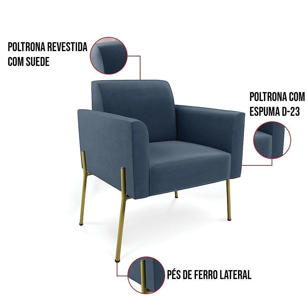 Sofá Namoradeira E 2 Poltronas Pé De Ferro Dourado Marisa Suede Azul Marinho D03