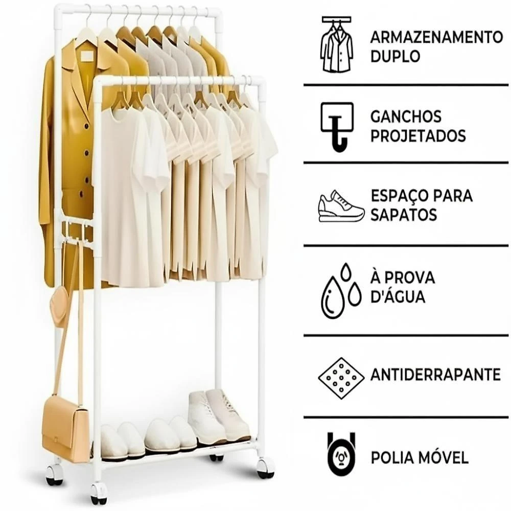 Arara Sapateira Organizadora Cabideiro Roupas Prateleira Com Rodas Branco