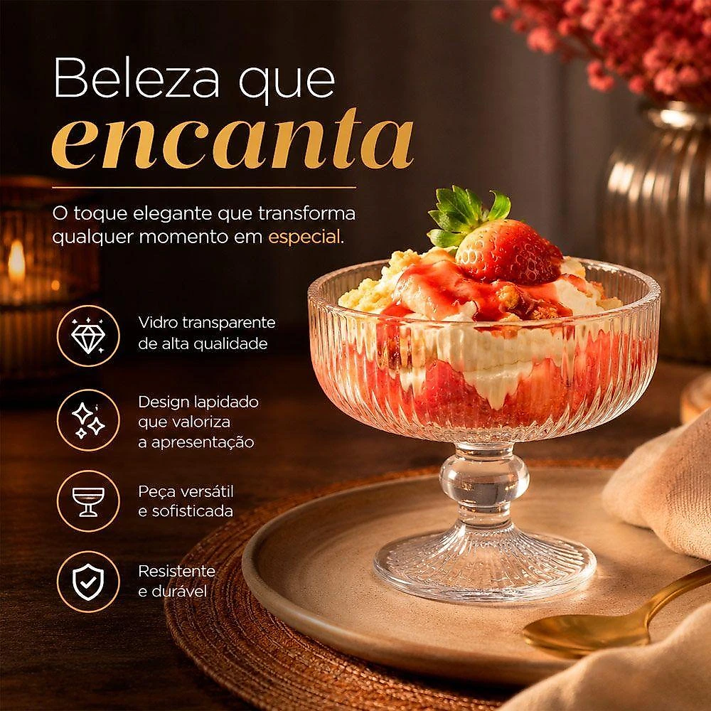 Taça de Sobremesa Lines em Vidro Transparente com Textura em Relevo para Coquetel e Sorvete Kit 4