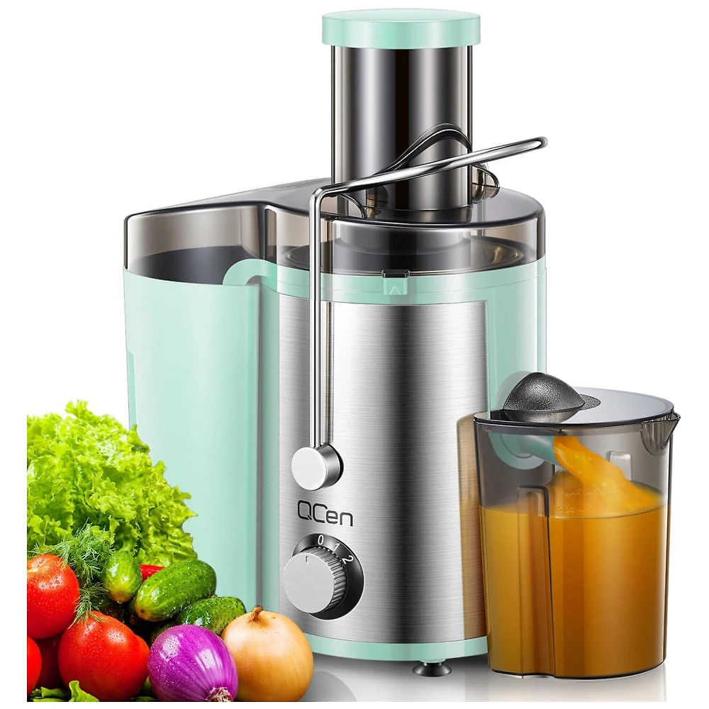 Extrator de Sucos QCen, 800W Centrífugo com Boca Larga de 3 Alimentações para Frutas e Vegetais, Fácil de Limpar, Aço Inoxidável, Livre de BPA Aqua