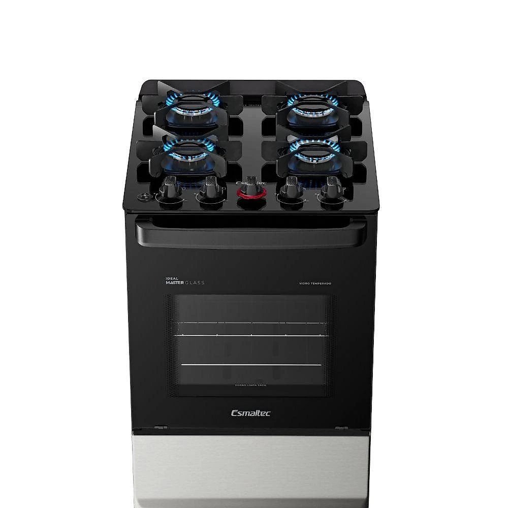 Fogão de Piso 4 Bocas a Gás Esmaltec Ideal Master Glass Mesa de Vidro Temperado Inox Bivolt