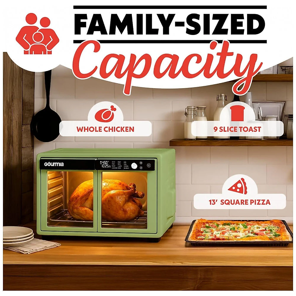 Gourmia Forno Air Fryer French Door 37 Qt Capacidade Grande, 12 Funções, Display Digital, Verde