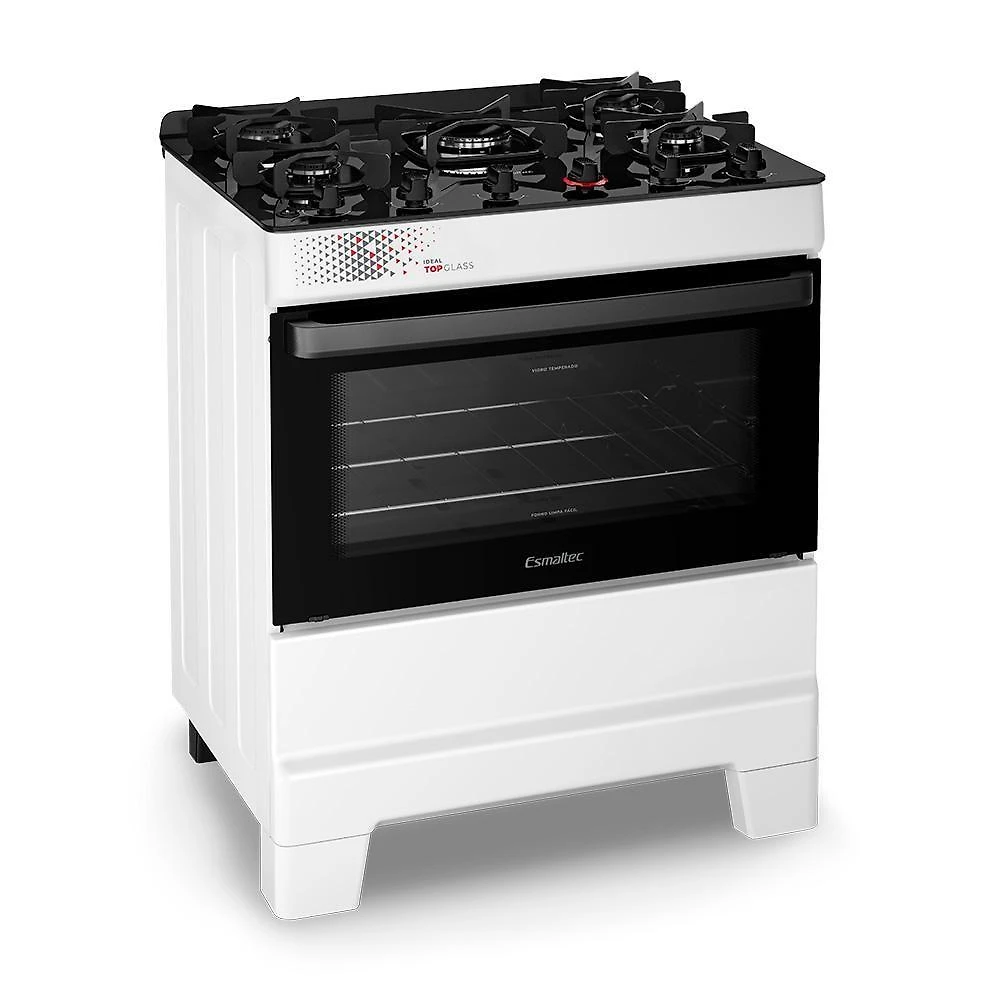 Fogão A Gás Mesa De Vidro Forno 84L Esmaltec Ideal Top Glass Branco 5 Bocas Bivolt