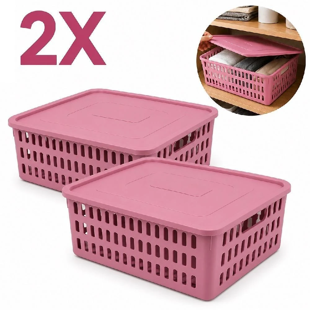 Kit 2 Caixas Organizadoras Grandes com Tampa Organizador Box Multiuso Polipropileno Rosa Yeet 10,8L