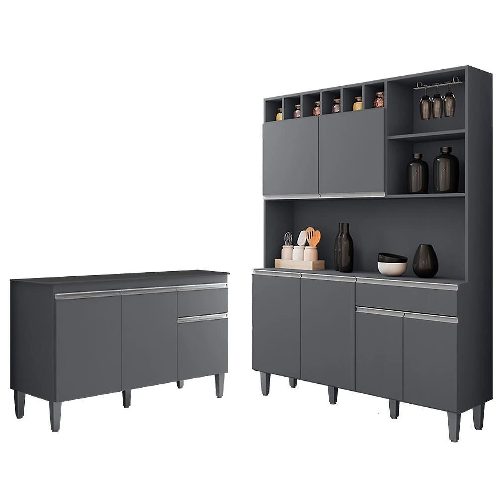 Cozinha Compacta Alice E Balcão Gabinete Com Tampo Tatiane 120cm Cinza - Ajl Móveis