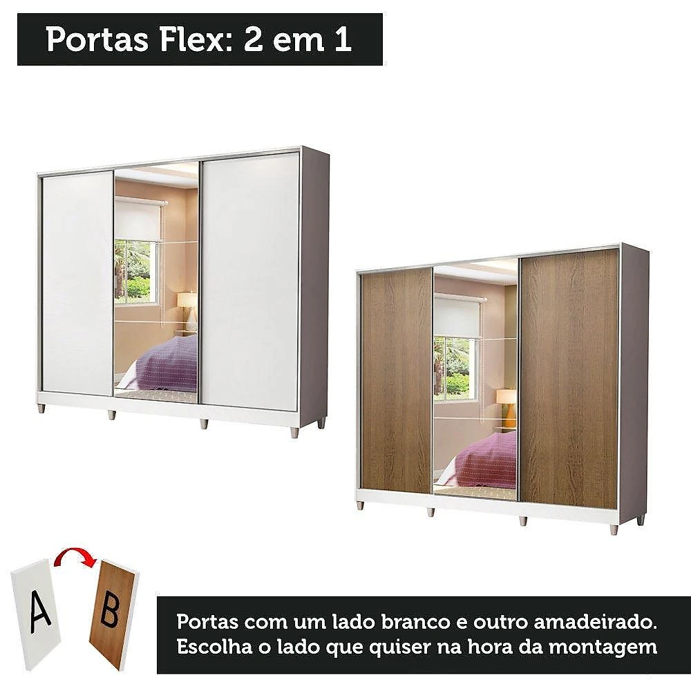 Guarda roupa casal 100% mdf madesa zurique 3 portas de correr com espelho com pés - branco
