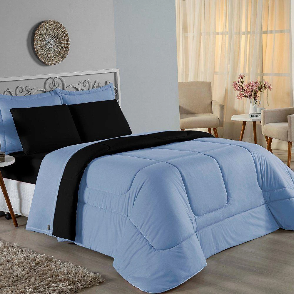 Edredom Queen Nobre 1 Peça Dupla Face 2,40m X 2,60m Malha 100% Algodão - Azul-bebê / Preto