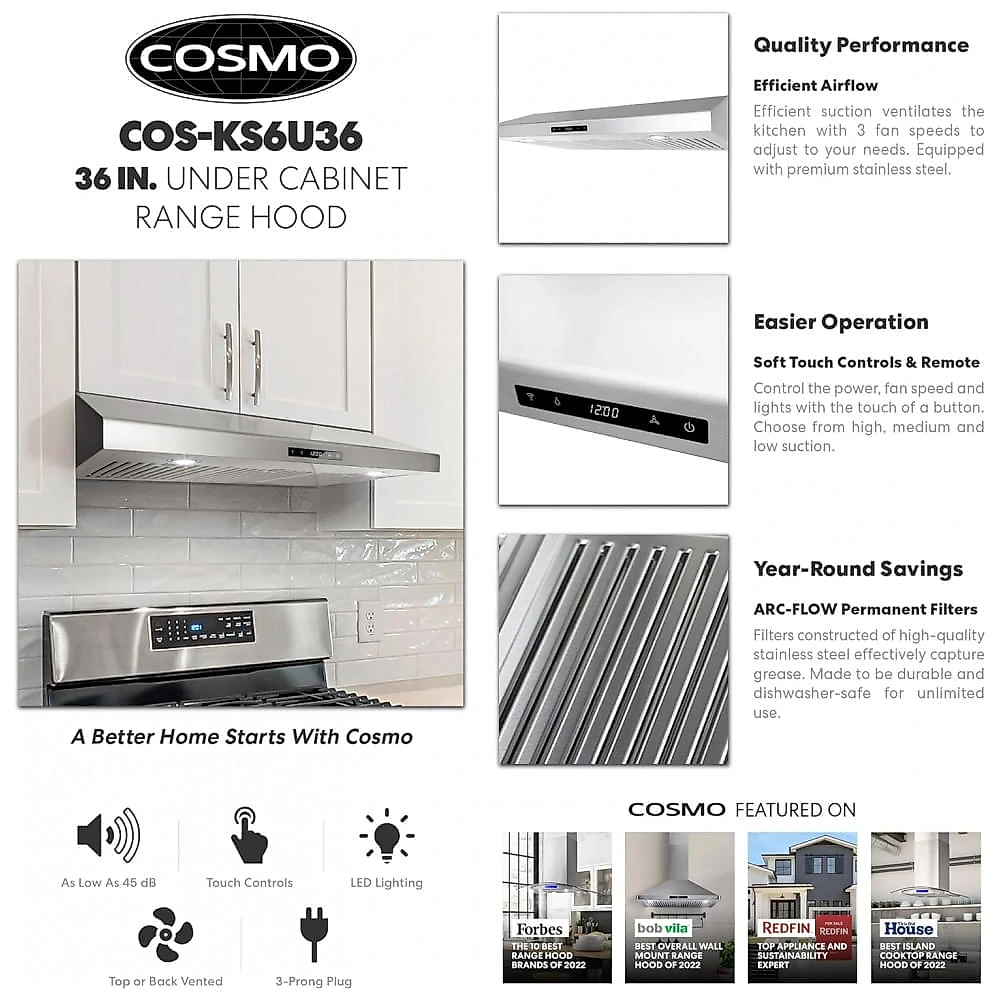 Coifa de Cozinha COSMO 91cm (36") Haven Collection 500 CFM Inox com LED e Controles Touch 110V