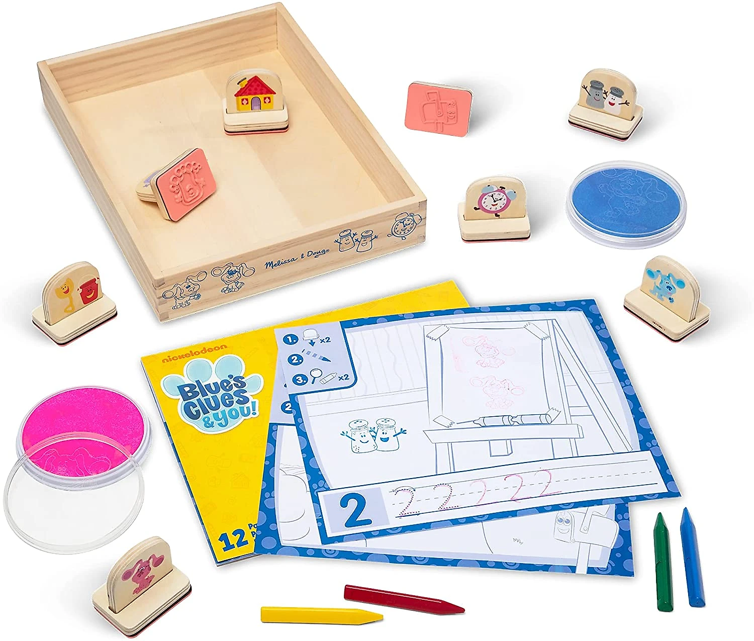Melissa e Doug Blues Clues e You Kit de Carimbos de Madeira e Bloco de Atividades 15 Peças