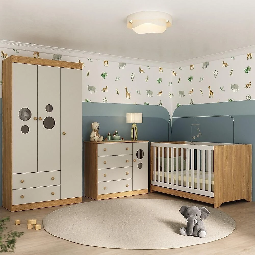 Quarto De Bebê Completo Berço Americano 3x1 Colchão Pirulito Multimóveis MP4637 Madeirado-off White