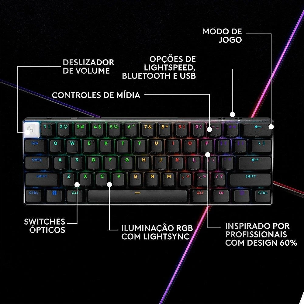 Teclado Sem Fio Mecânico Gamer Logitech G PRO X 60 Lightspeed, RGB, Bluetooth, Compatível com Windows, Preto - 920-011902