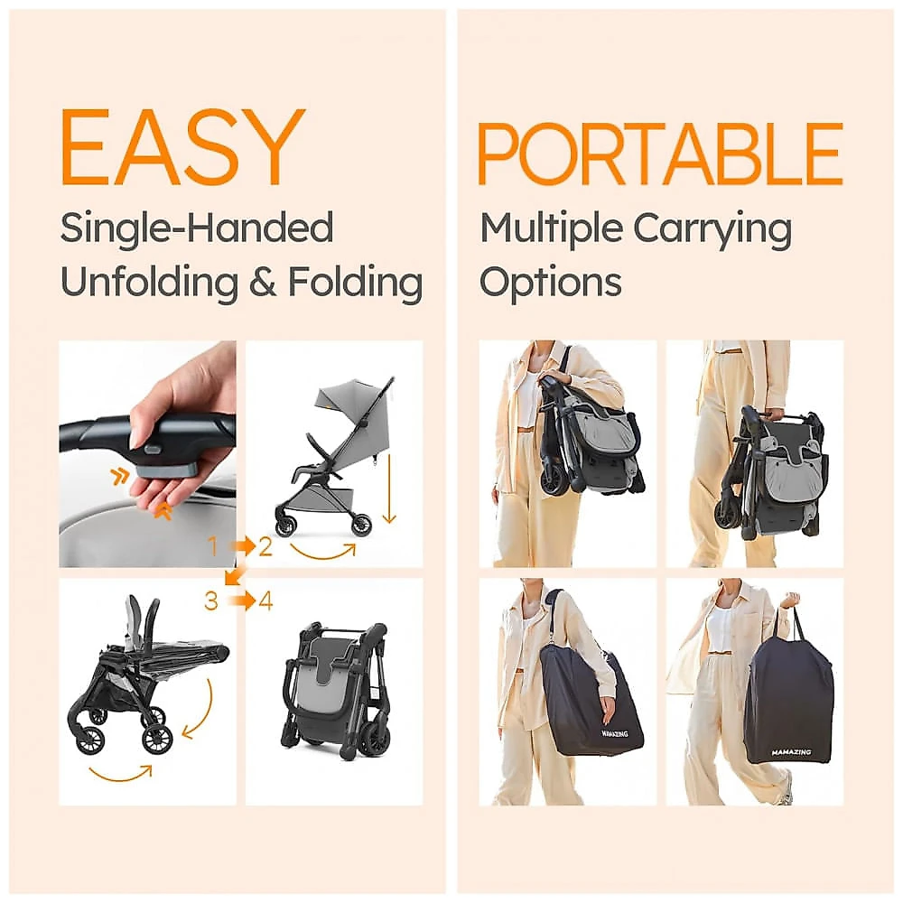 Carrinho de Bebê MAMAZING Ultra Air X Cinza Fibra de Carbono, Ultra-leve < 4,5 kg, Reclínio Ajustável, Capota UPF 50+, Bolsa Viagem