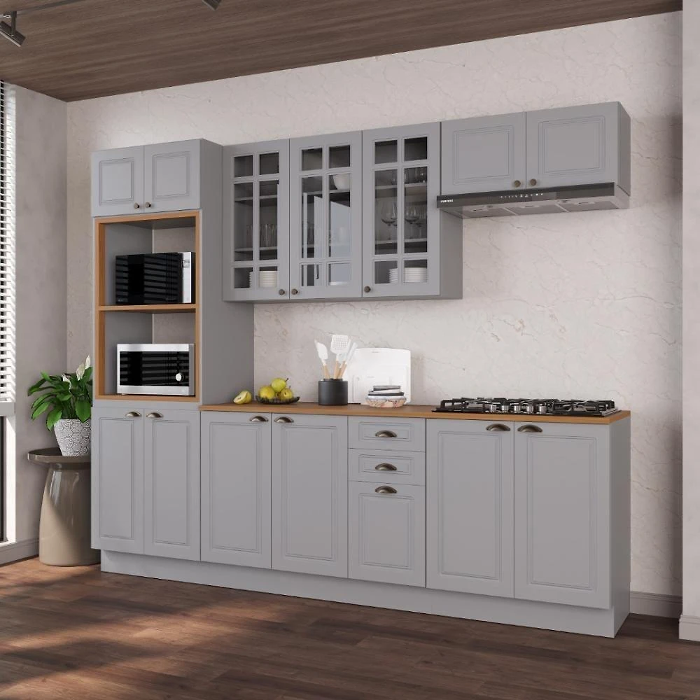 Cozinha Completa Modulada Nara 14 Portas 2 Gavetas MDF 270CM Titânio Fidelita Móveis