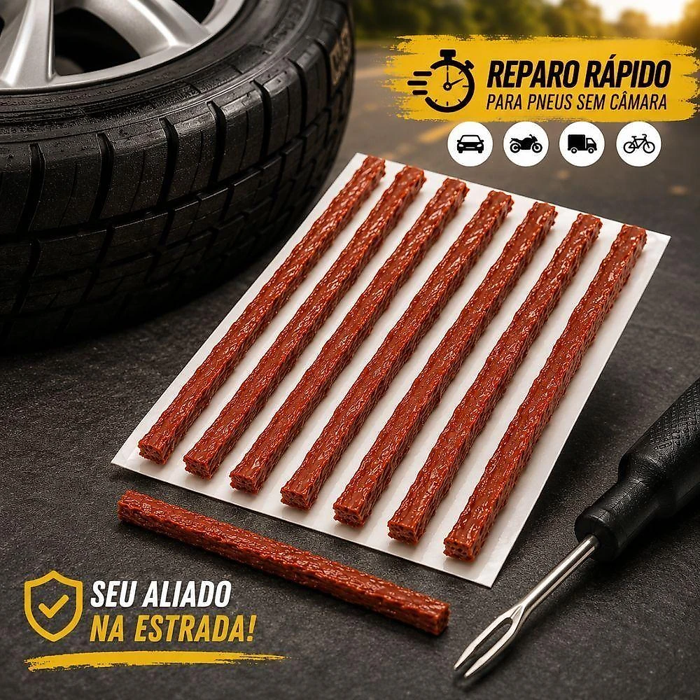 Kit Reparo de Pneus sem Câmara 60 Unidades para Carro Moto Bike Caminhão com Macarrão e Remendo