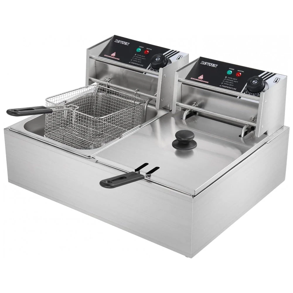 Fritadeira Elétrica Dupla Profissional 20 Litros de Capacidade, Aço Inoxidável, 110V 5000W, ROVSUN