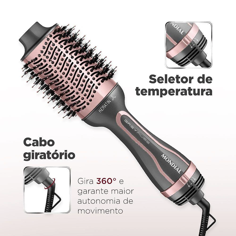 Escova secadora keratin es-11-bi 1200w cerâmica com queratina mondial bivolt