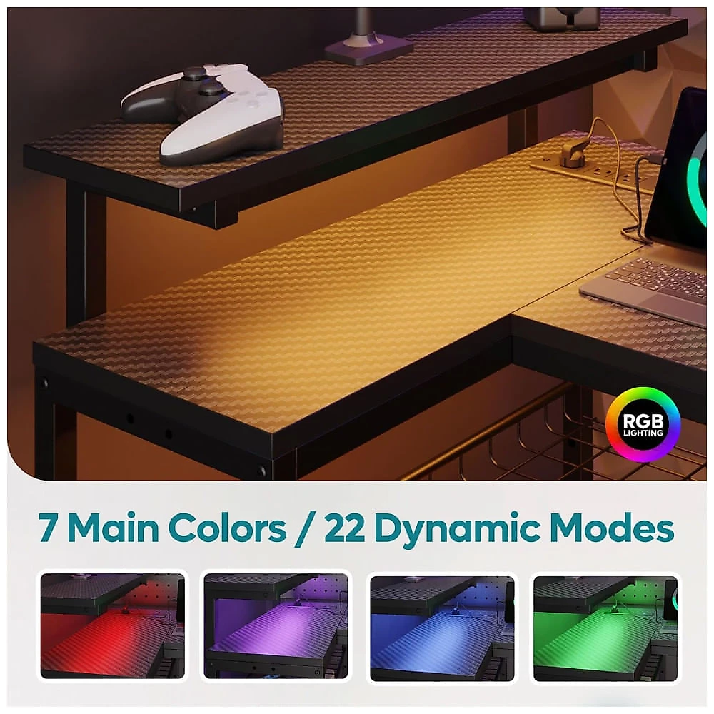 Mesa Gamer de Fibra de Carbono 58" 147 cm com Luz LED, Tomadas, Prateleiras, Gancho para Fone de Ouvido e Portas USB, 110V, Bestier, Preto 110v
