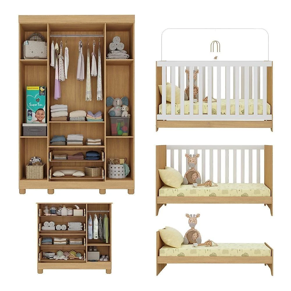Quarto De Bebê Completo Berço Americano 3 Em 1 Colchão Fofura Multimóveis MP4661 Madeirado-branco
