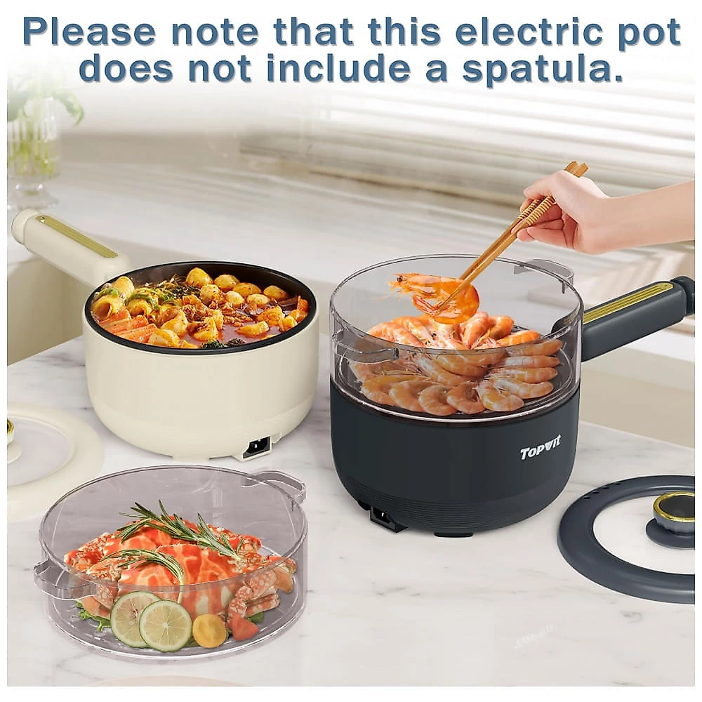 Panela Elétrica TOPWIT Hot Pot com Vaporizador, Panela Elétrica Multifuncional de 2 Litros, Frigideira Antiaderente, Panela Portátil para Bife, Arroz