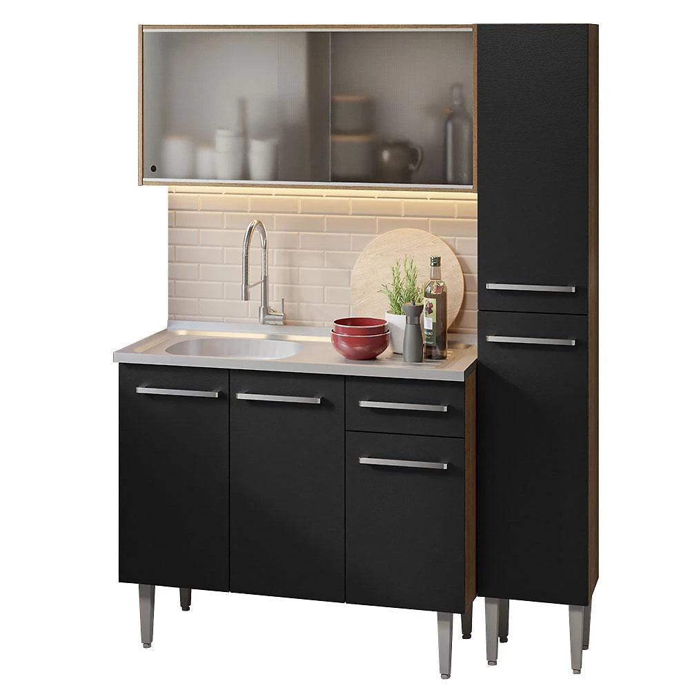 Armário de cozinha compacta 137cm com pia rustic/preto emilly madesa 07