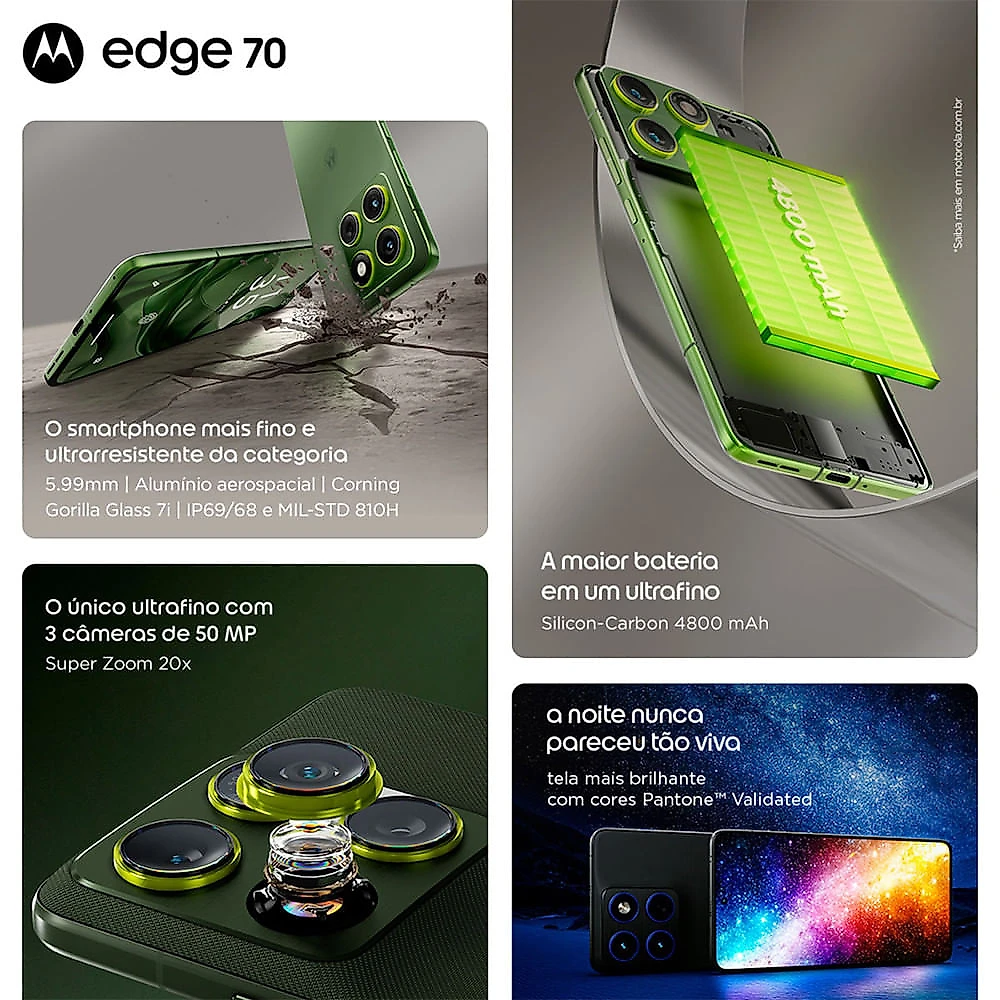 Smartphone Motorola Edge 70 5G 256GB 24GB (8GB RAM + 16GB RAM Boost) Ultrafino 3 Câmeras 50MP Tela 1.5K Gadget Gray