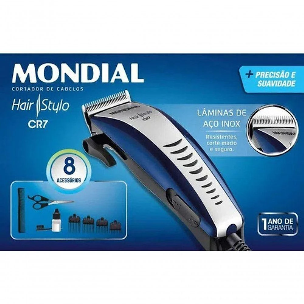 Cortar De Cabelo Mondial CR07 4 Níveis De Altura Azul Prata 110V