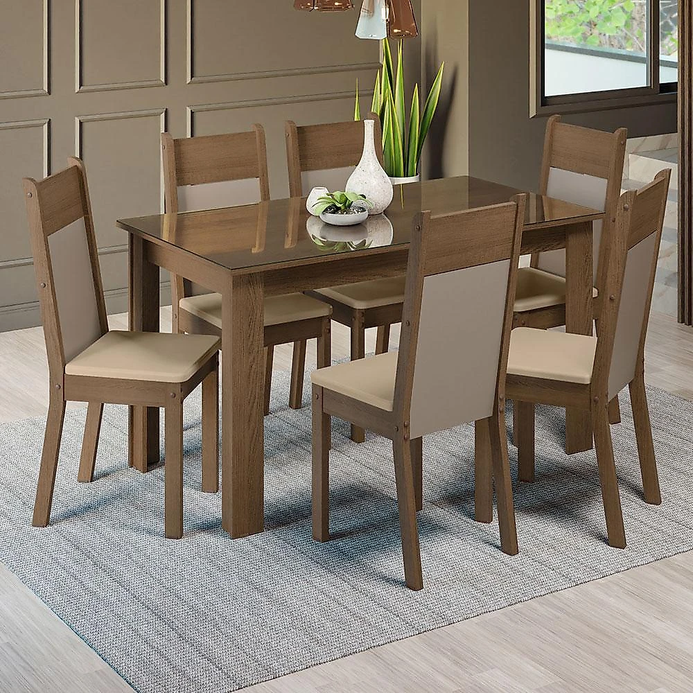 Conjunto sala de jantar mesa tampo de vidro 6 cadeiras rustic/crema/bege zoe madesa