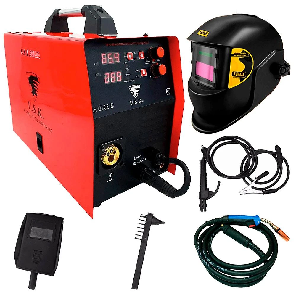 Kit Maquina de Solda Inversora Multiprocessos MIG MAG MMA TIG Bivolt LIFT-255 USK + Máscara de Solda Automática