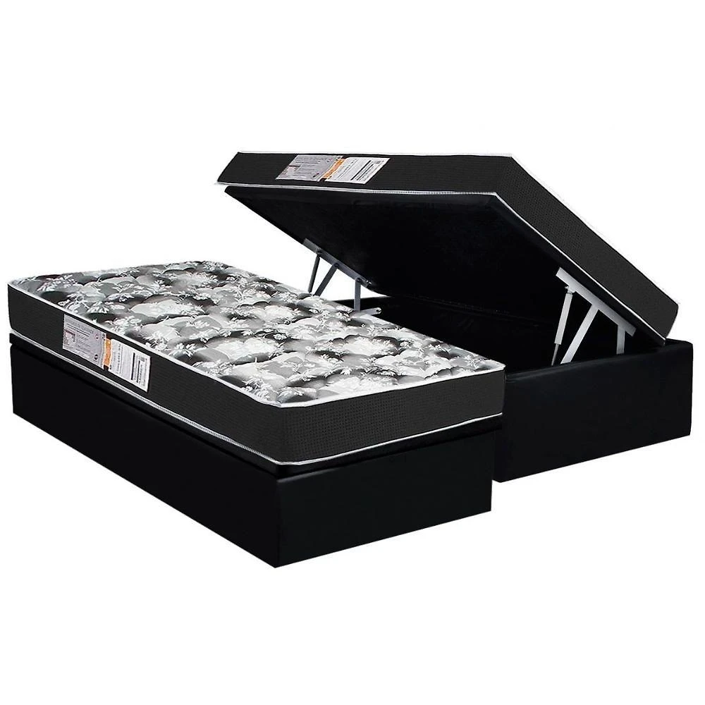 Conjunto Box Baú Solteiro: Colchão Molas Luckspuma D28 Celebrity Black + Base Crc Suede Black (88x188)