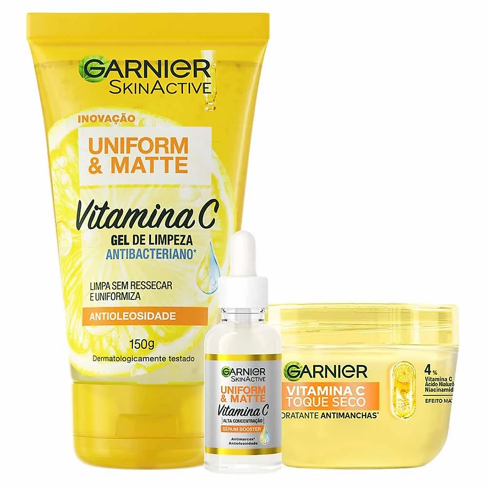 Garnier skin vitamina c kit - hidratante facial antimanchas + sérum + gel de limpeza facial