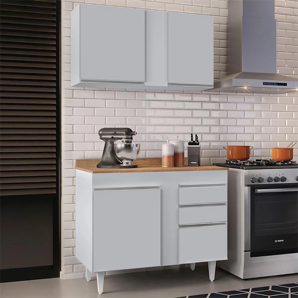 Armário Cozinha E Balcão Com Tampo 100cm Luziania Cinza Claro/castanho - Lumil