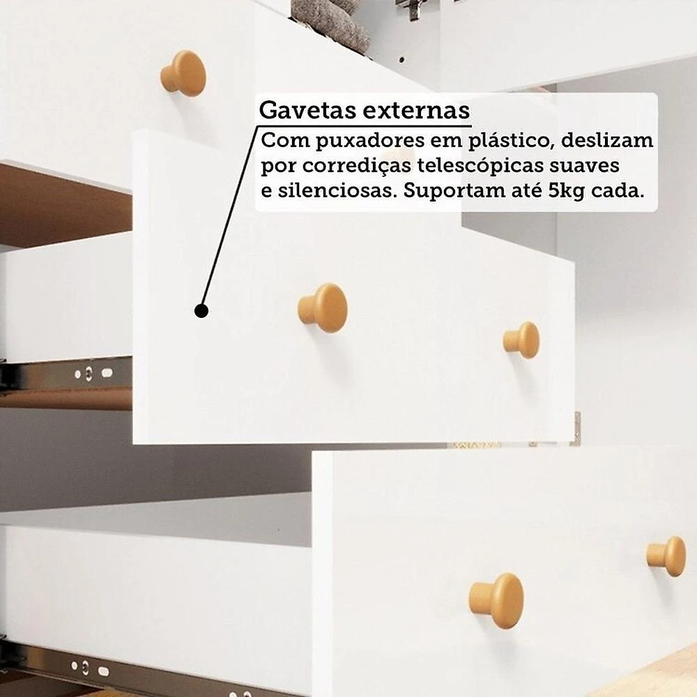 Quarto de Bebê Completo Berço Minicama Guarda-roupa 4 Portas e Cômoda 100% Mdf Nina Espresso Móveis Branco Brilho/Amêndoa