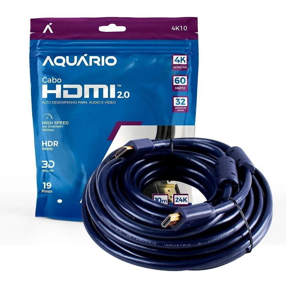Cabo HDMI Aquário 4K10 para Áudio e Vídeo 4K 60Hz 16Gbps 10m Versão 2.0 com ARC