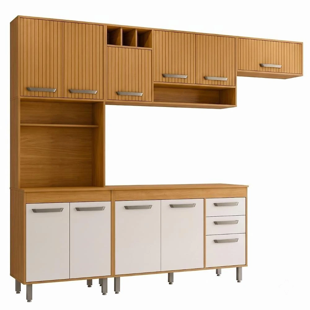 Cozinha Completa Compacta Malta sem Porta sem Gaveta MDF MDP 258CM Freijo Ripado Off Acetinado