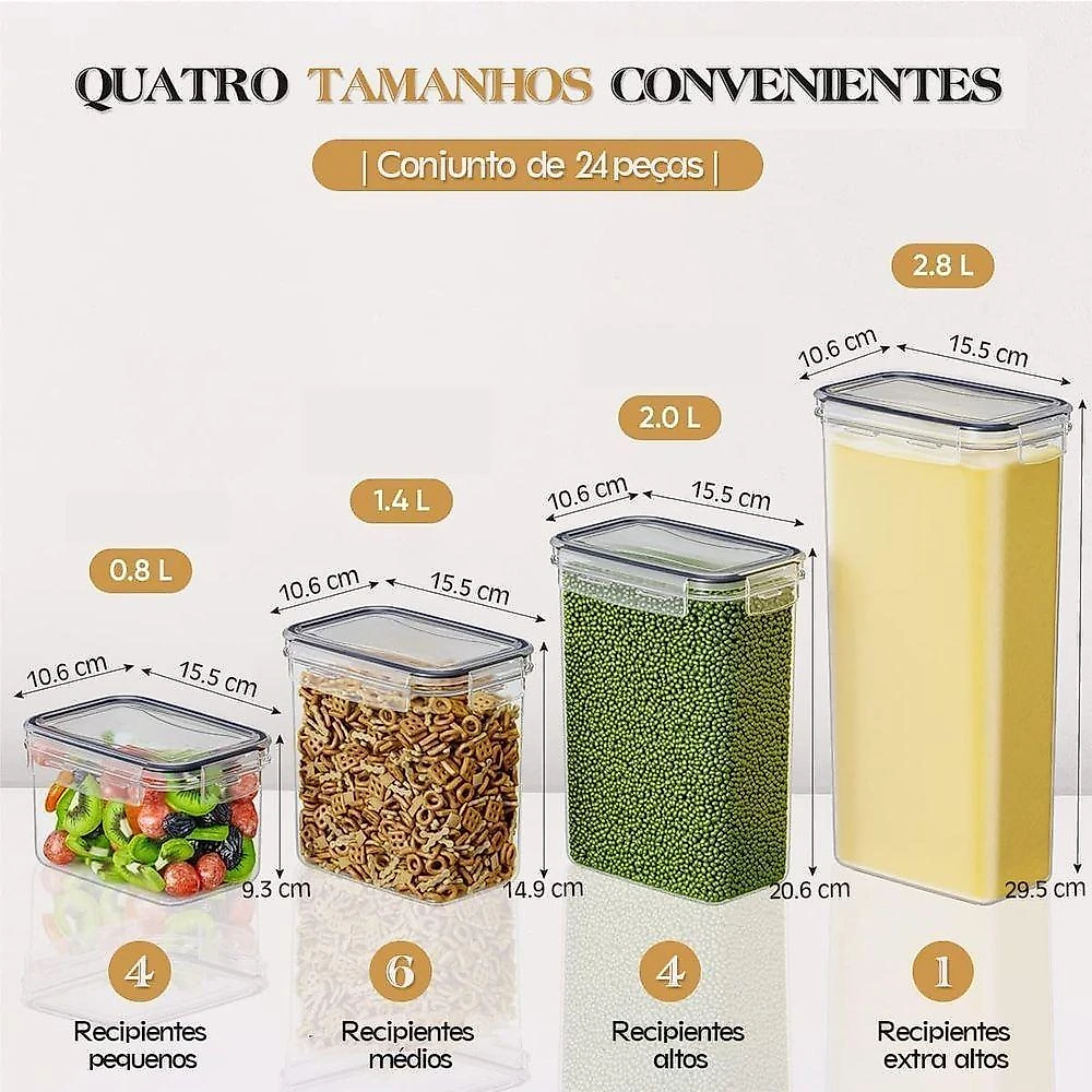 Kit 24 Potes com Tampa Hermética Porta Alimentos Plástico sem BPA para Cozinha Vários