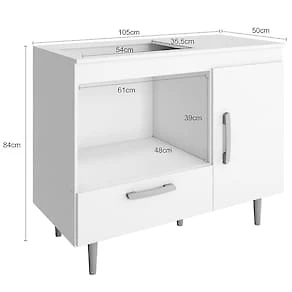 Miniatura Balcão para Cooktop 4 Bocas Poliman Alecrim com Nicho para Micro-ondas, 1 Porta, 1 Gaveta e 1 Prateleira - Branco