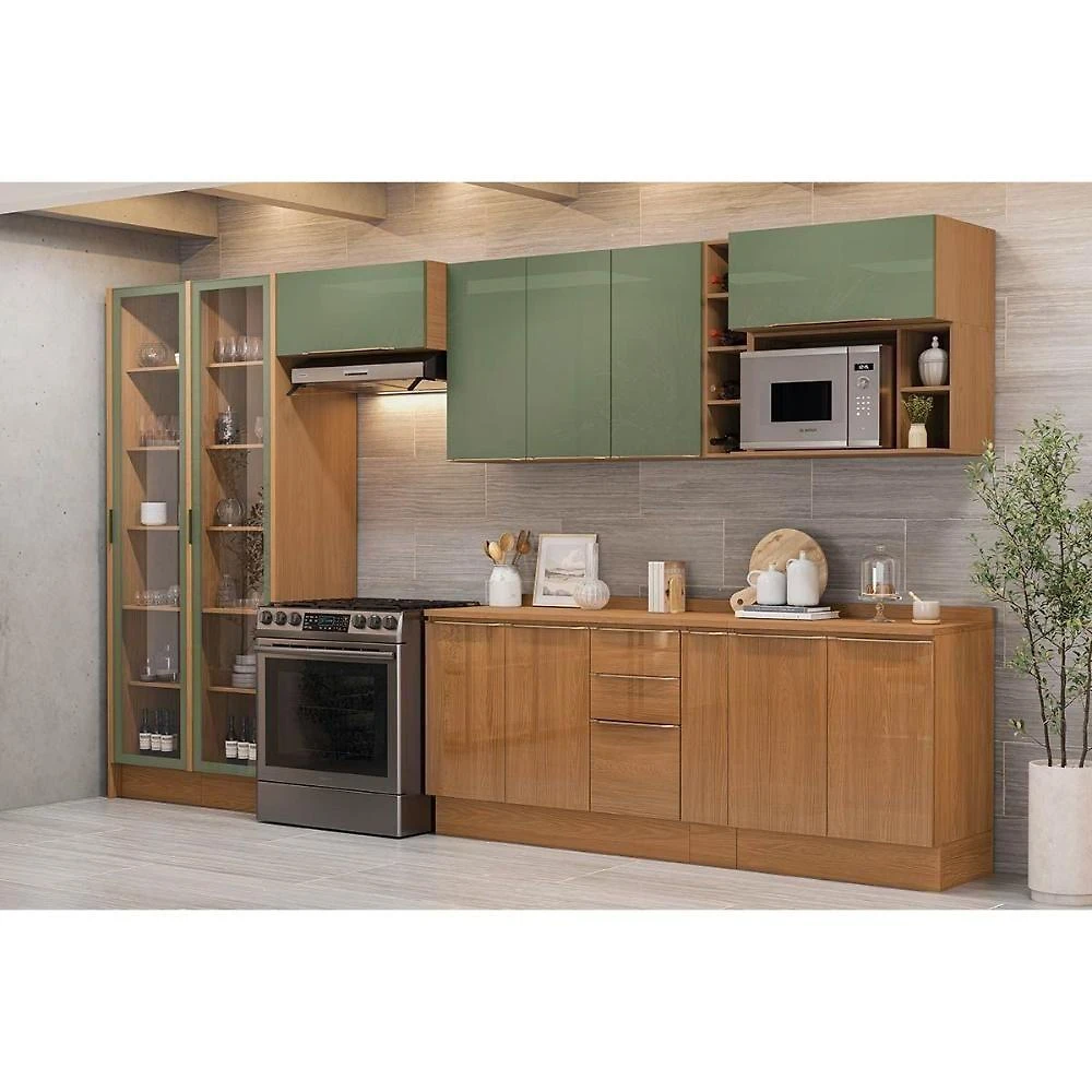 Kit Cozinhas Completas Vibra C13P3 3 Gavetas MDF Verde Pistache Canela