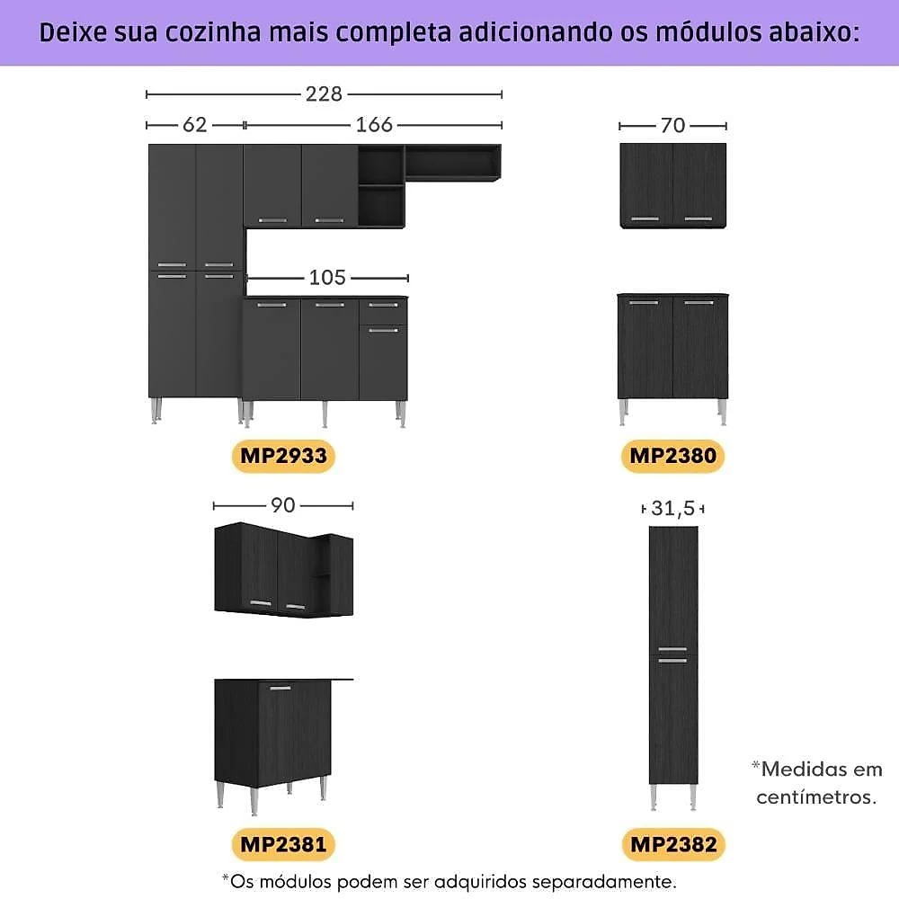 Paneleiro Armário De Cozinha 31,5cm 2 Portas Flex Pequim Multimóveis Mp2382 Preto