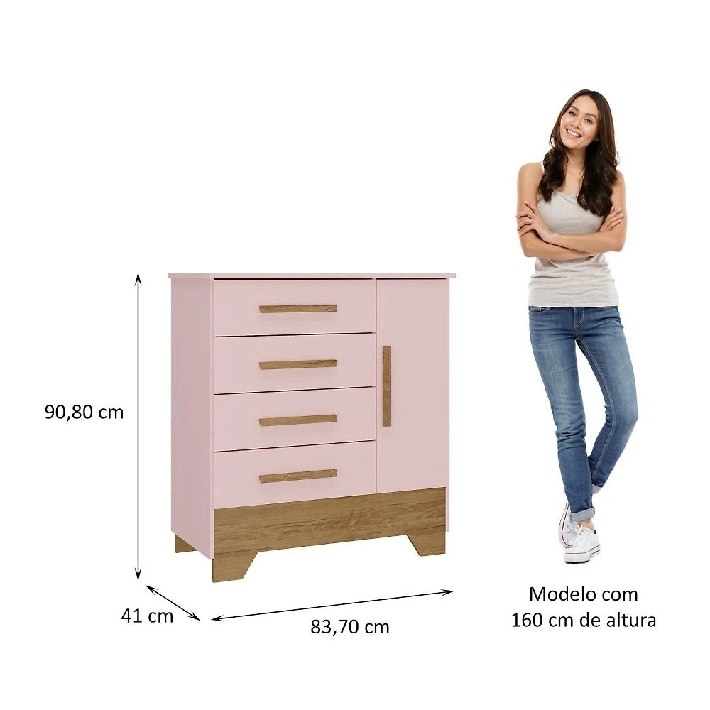 Quarto Infantil Completo Guarda Roupa 4 Portas 2 Gavetas com Cômoda Liz Rosa Fosco/Nature