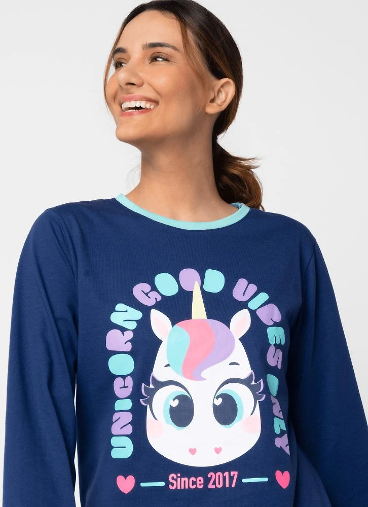 Pijama manga longa algodão feminino unicórnio