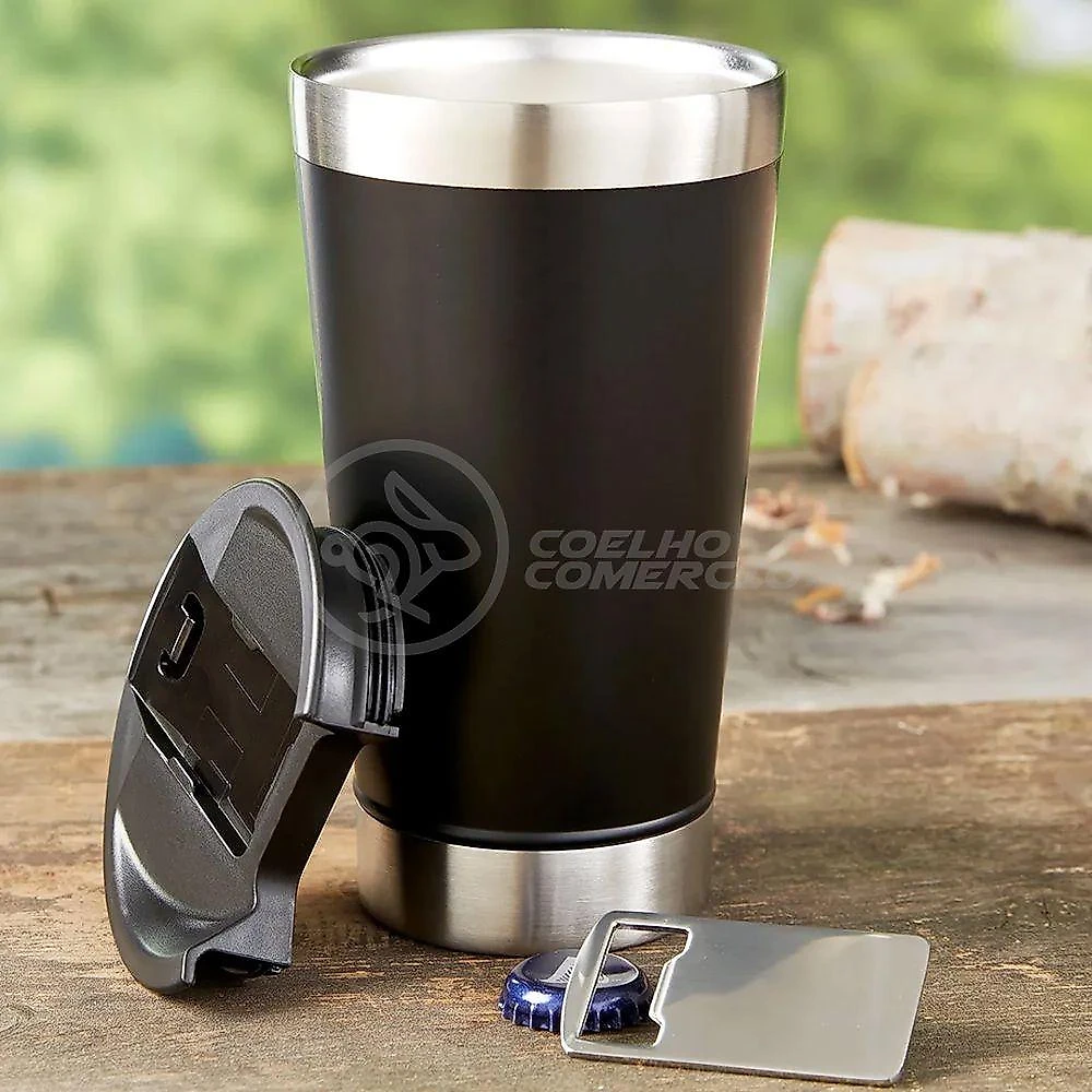 Copo Térmico Com Tampa E Abridor De Garrafa 473ml Preto