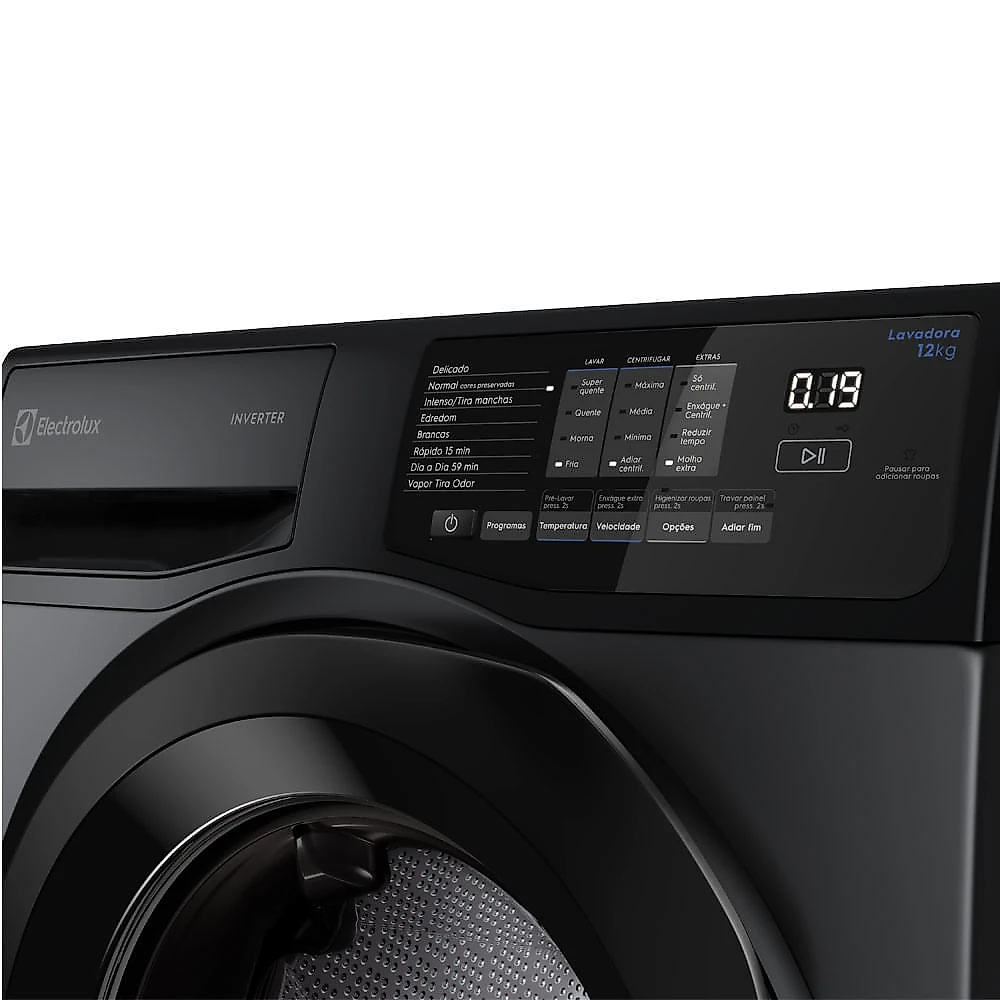 Lavadora de Roupas Electrolux 12kg Cinza Ônix Inverter com Água Quente e Lavagem Inteligente - LFC12 110