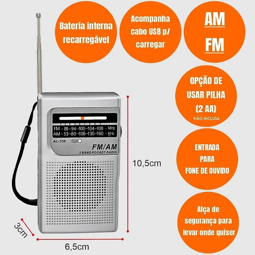 Mini Rádio de Bolso Kapbom KA-3325 Fm Am P2 2 Bandas com Antena Retrátil Retrô