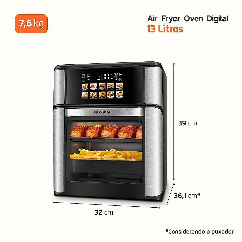 Air Fryer Forno Mondial Oven 13L 2000W 10 Programas Touch Preto e Inox 110V