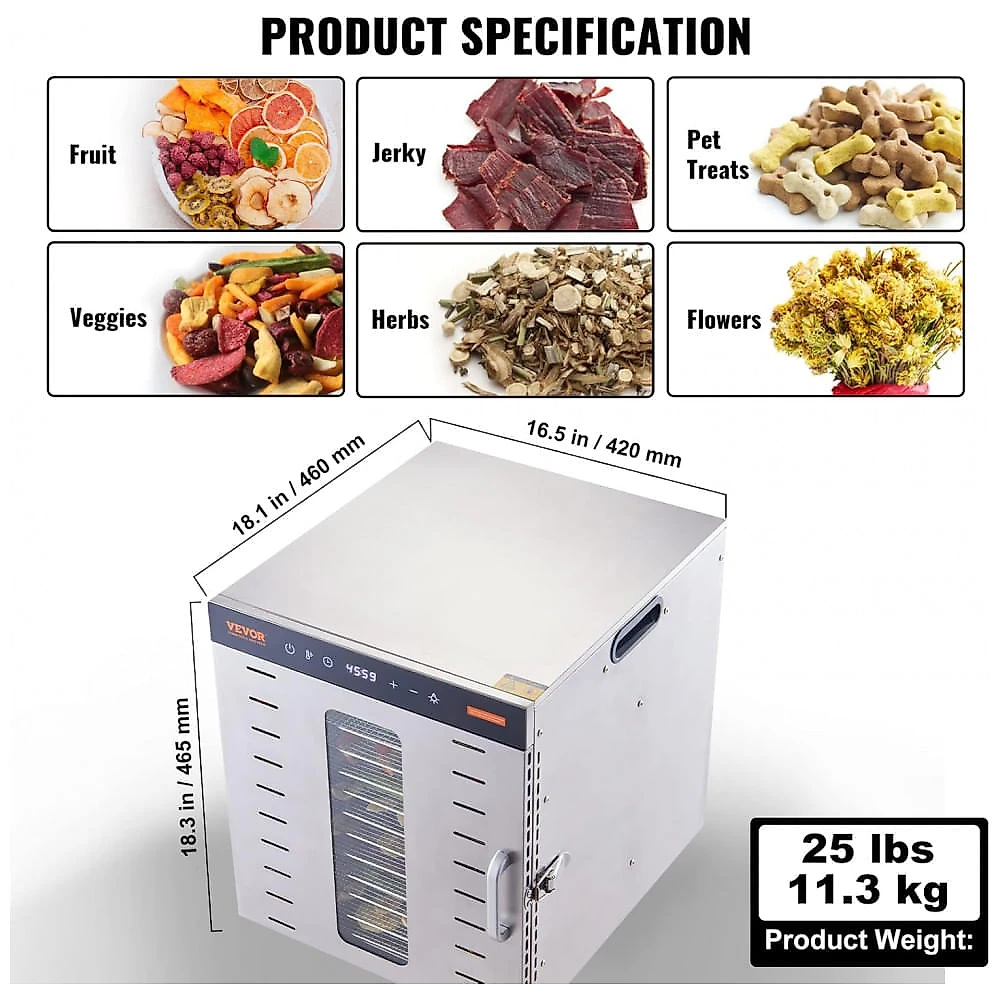 Desidratador de Alimentos VEVOR 10 Bandejas Prata 1000W com Timer e Temperatura Ajustáveis 240V