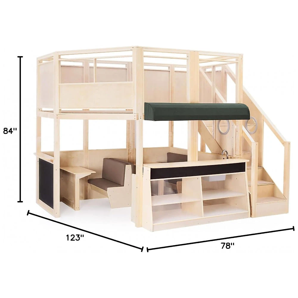 Centro multisensorial de atividades infantil Guidecraft Café Loft Natural com cozinha de faz de conta, área de escalada e lousa 312cm