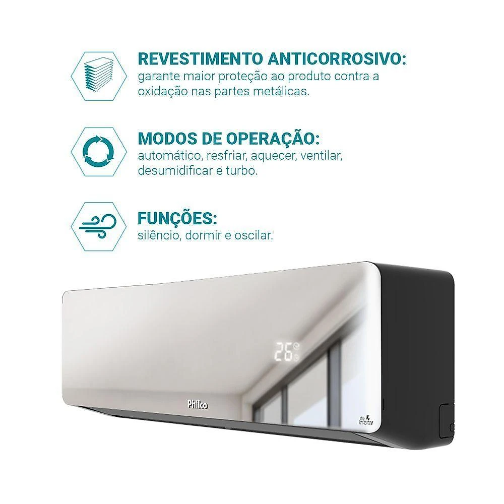 Ar condicionado split inverter philco pac9qg espelhado 9000 btus quente e frio 220v